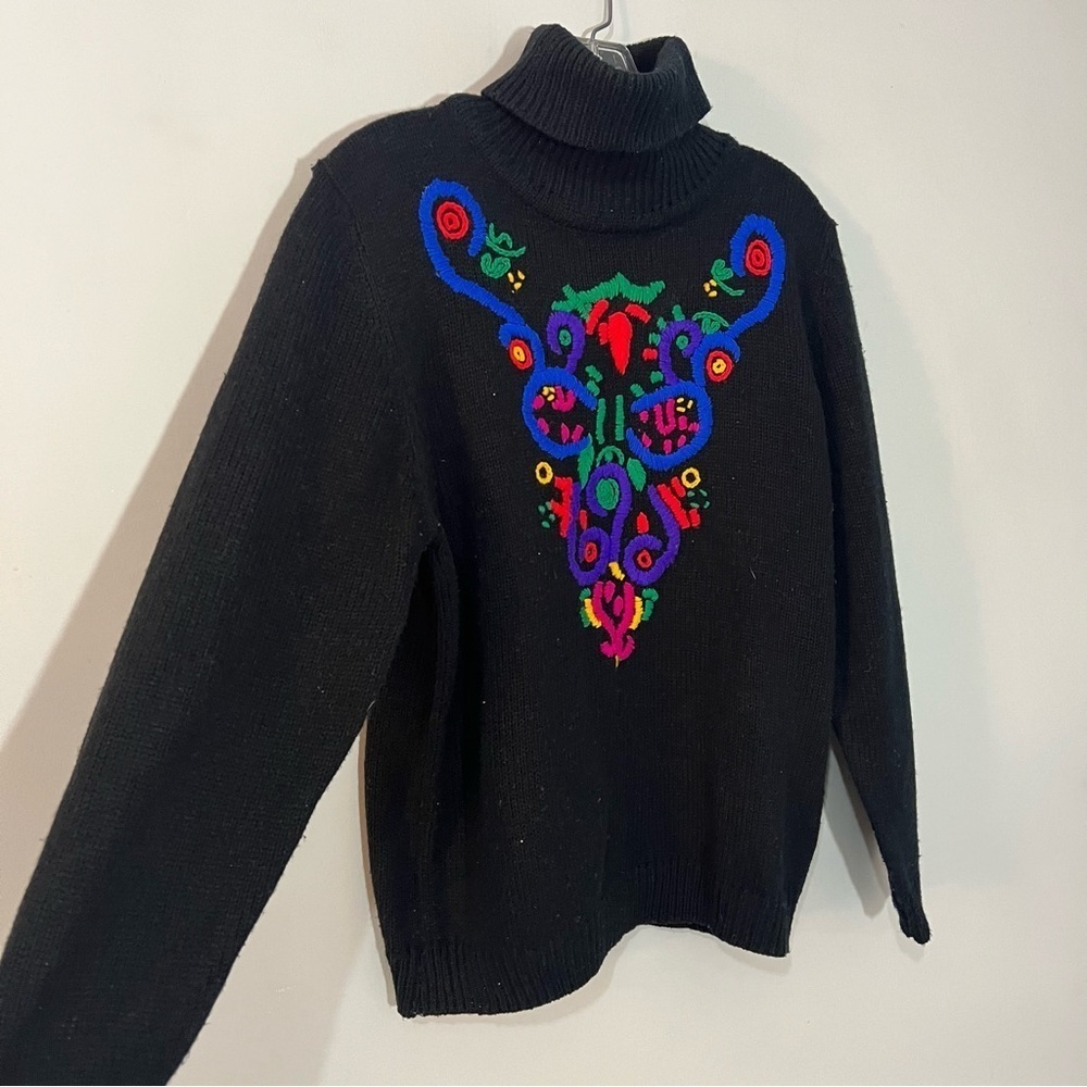 Vintage Embroidered Colorful Knit Sweater Holiday Turtleneck Funky Artsy Retro - Picture 13 of 13